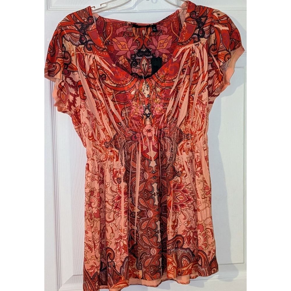 APT. 9 Womens Blouse‎ Top M Medium Floral Paisley Print Red Orange NWT